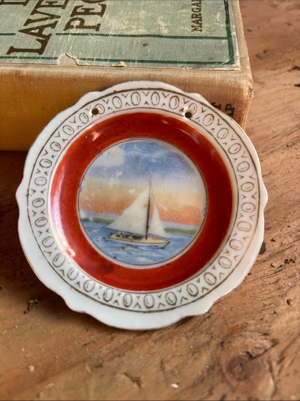 Vintage Porcelain Sailboat Plaque with Red Border✨